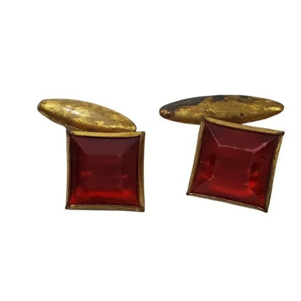 Vintage Red Cuff Links Gold Tone Square Plastic R